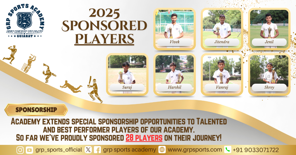 GRP Sports Academy 2025 sponsored cricket players banner featuring Vivek, Jitendra, Jenil, Suraj, Harshil, Vanraj, and Shrey in cricket uniforms, showcasing special sponsorship opportunities for talented and high-performing players in Gujarat.