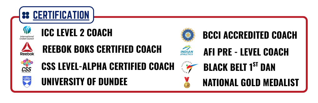 GRP Sports Academy coach certifications including ICC Level 2, BCCI accredited, Reebok BOKS, AFI pre-level, and national gold medalist