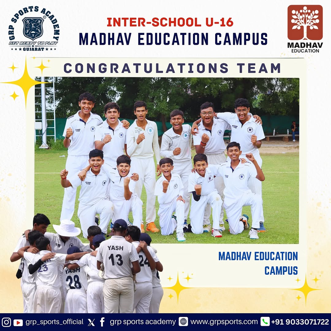 GRP Sports Academy Under-16 cricket team celebrates qualification to the semi-finals at Madhav Education Campus Inter-School Tournament, group photo of players in white uniforms.