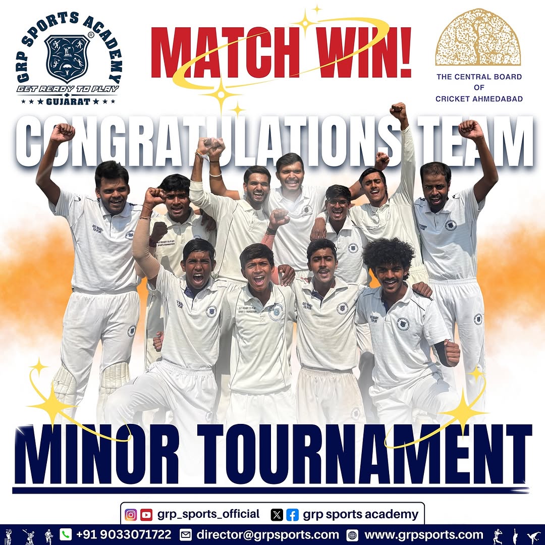 GRP Sports Academy cricket team celebrating Address Cup Minor Tournament 2025–26 victory, players in white uniforms, raising their fists after match win, Central Board of Cricket Ahmedabad event.